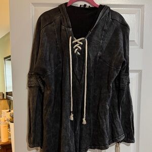 POL Washed Black Hoodie with Lace-Up Front and Rope Ties